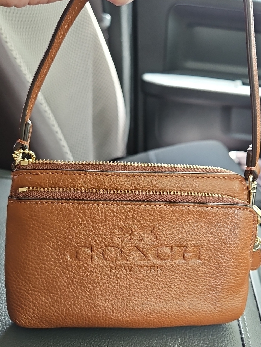 Coach Tan Pebbled Leather Double-Zip Wristlet with Gold Trim - Picture 2 of 12